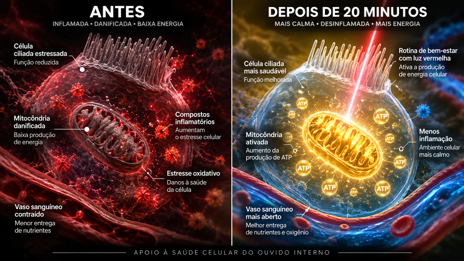 Representação de célula do ouvido interno antes e após a fotobiomodulação