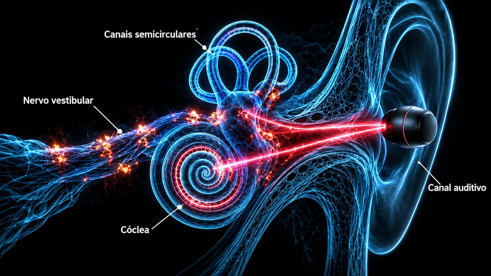 Ilustração do ouvido interno mostrando a aplicação da luz vermelha